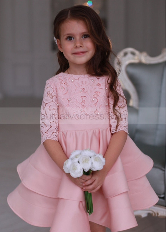 Peach Lace Satin Pearl Embellished Tiered Flower Girl Dress
